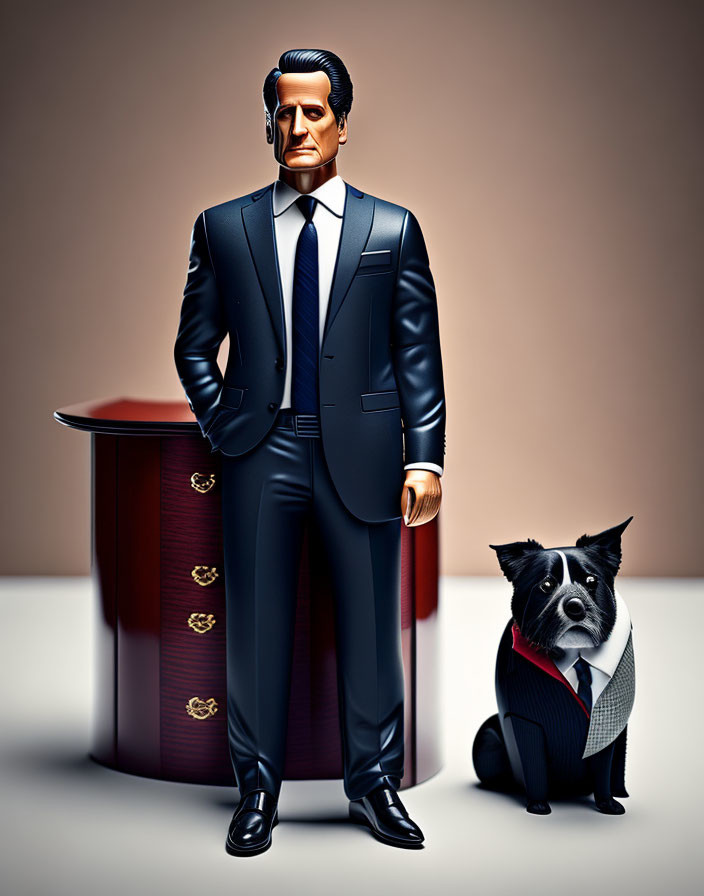 Man in suit standing next to podium with small dog in tie