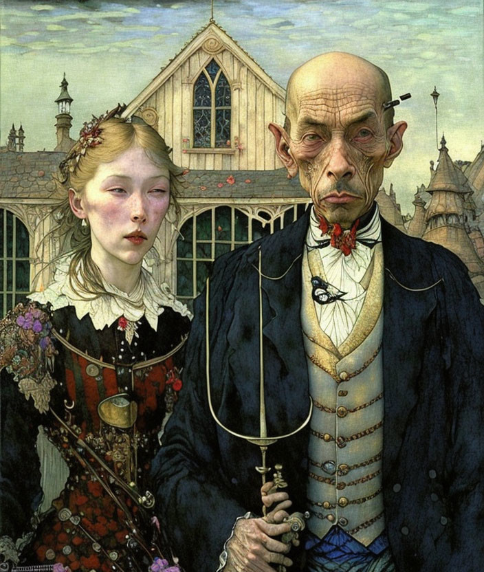 Elegant pale woman and elderly man in vintage attire against gothic backdrop