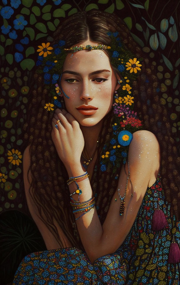 Woman with Long Brown Hair and Floral Adornments Contemplating