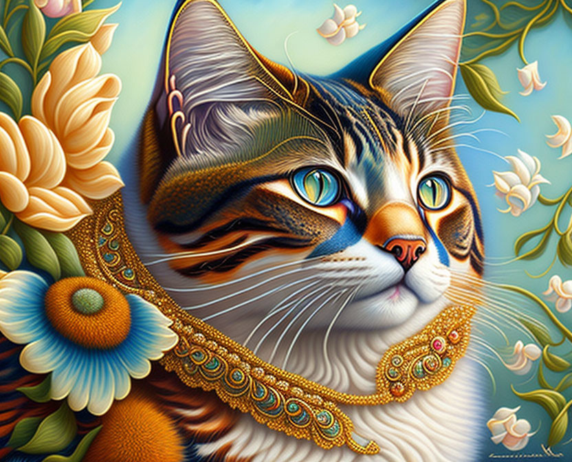 Majestic cat with blue eyes in ornate collar, surrounded by flowers and butterflies