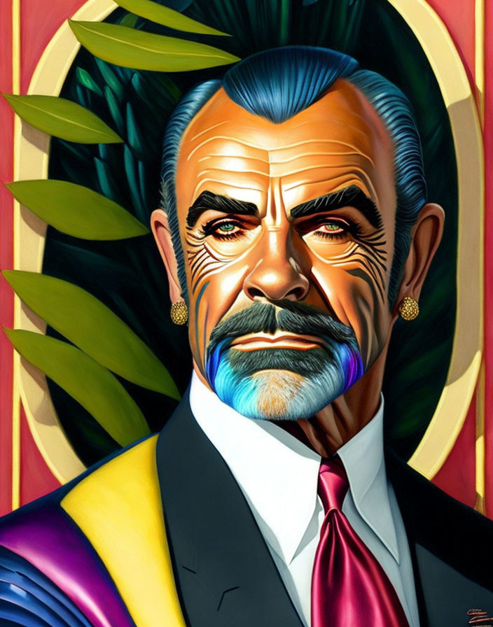 Colorful Stylized Portrait of Mustachioed Man with Earrings