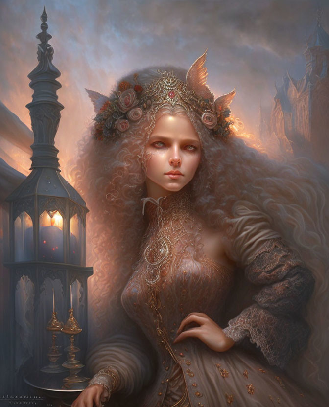 Regal woman with lantern in fantasy castle scene