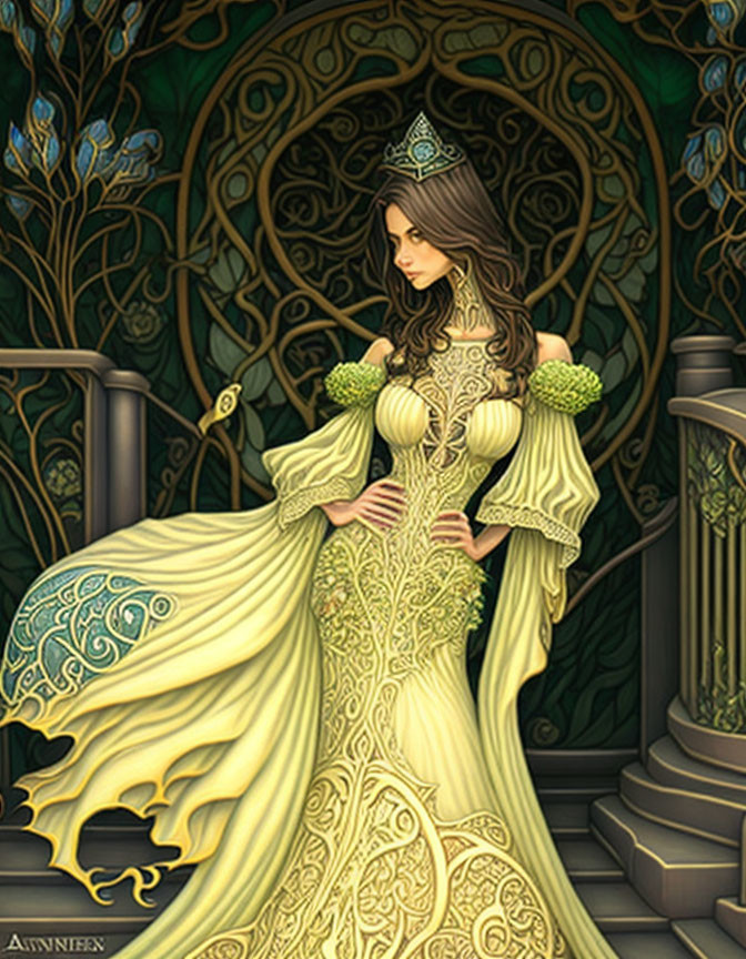 Elegant Woman in Yellow and Green Gown at Circular Doorway