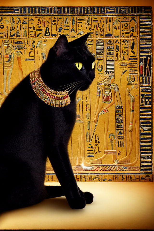 Black Cat with Colorful Collar in Front of Egyptian Hieroglyphic Wall