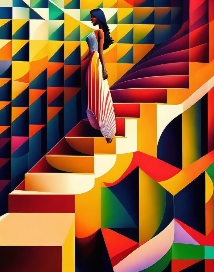 Woman in Striped Dress Climbs Geometric Staircase