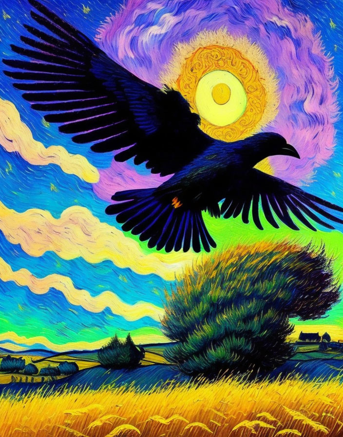 Stylized black bird in vibrant Van Gogh-esque sky