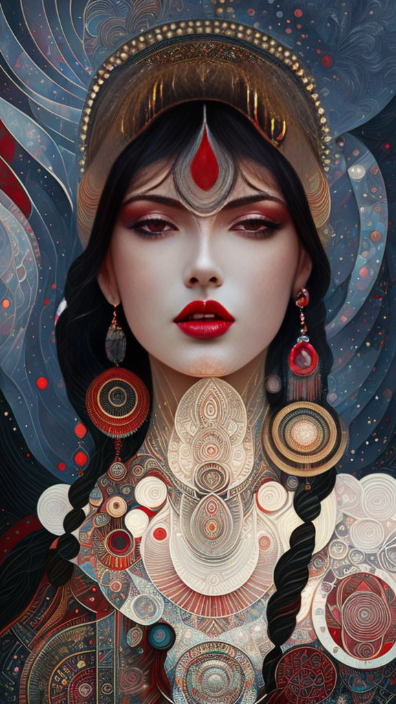 Illustrated woman with elaborate headgear and red lips in ornate circular patterns on dark cosmic background.