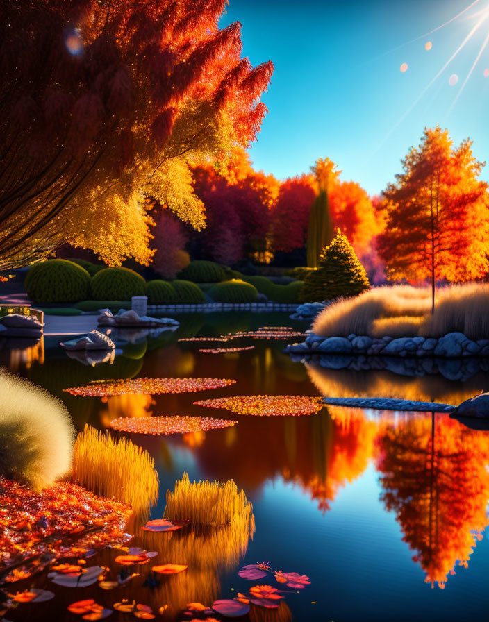 Tranquil pond with autumn trees in vibrant colors