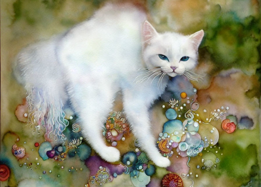 White Cat with Blue Eyes in Abstract Watercolor Art