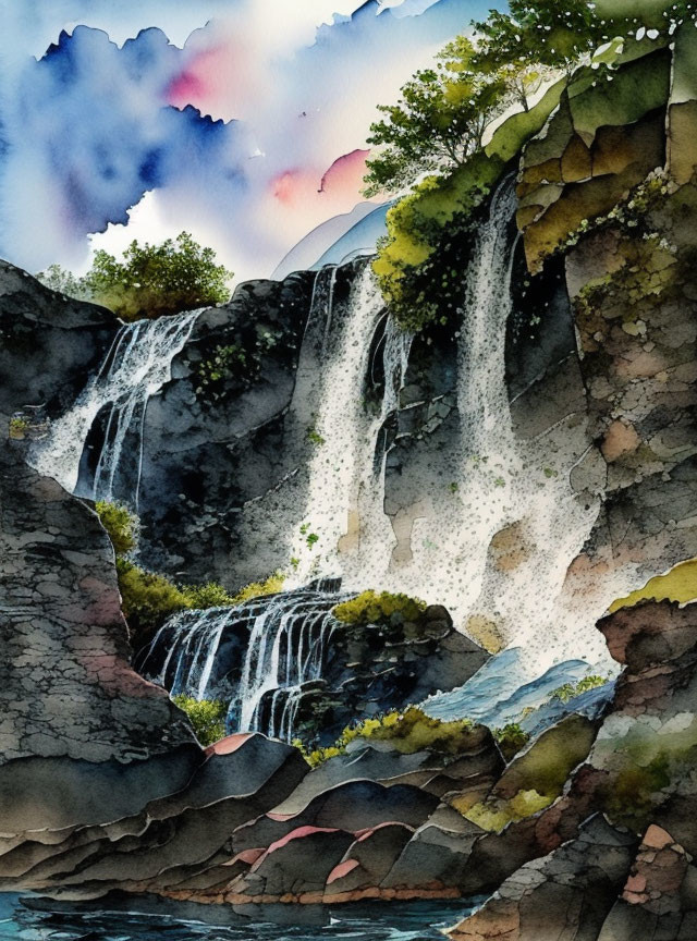 Scenic Waterfall Watercolor Painting with Rocks and Foliage