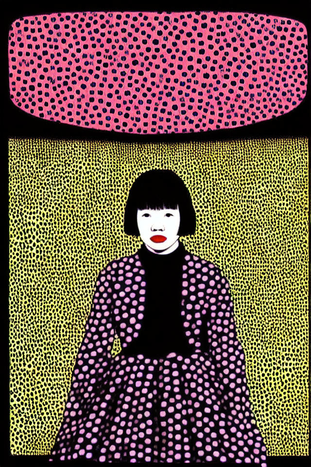 Pop art style image: Person with black hair, polka-dotted dress, vibrant pink and yellow