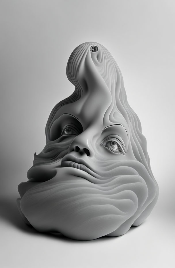 Monochromatic surreal sculpture of abstract face with fluid contours