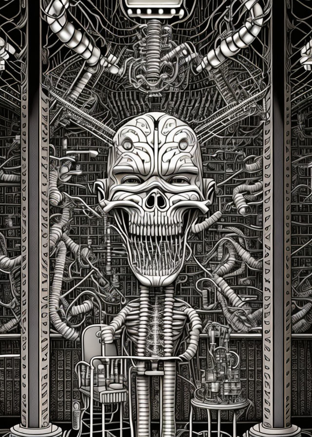 Detailed black and white skeletal alien illustration in complex setting