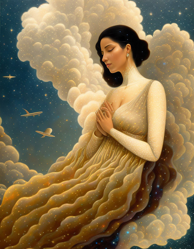 Illustrated woman blending with starry sky and clouds, gown resembling mountain.