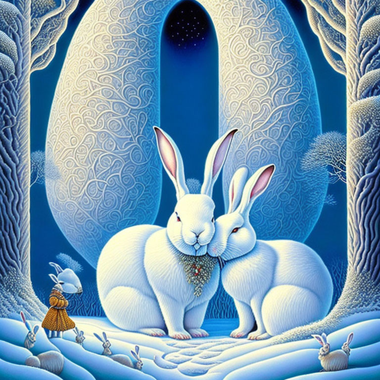 White rabbits in heart shape surrounded by blue forest and night sky