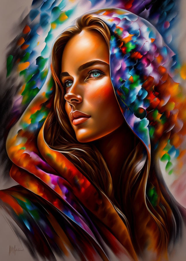 Colorful digital painting of a woman with blue eyes and flowing hair.