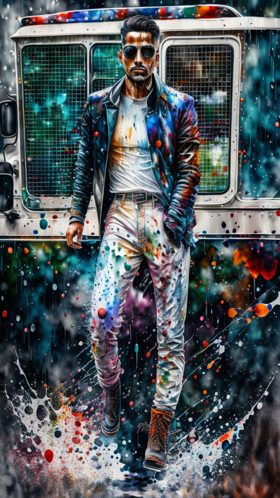 Bearded man in stylish attire with colorful paint splatters by a bus