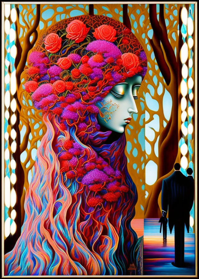 Colorful portrait of a woman with flowing hair and nature elements.