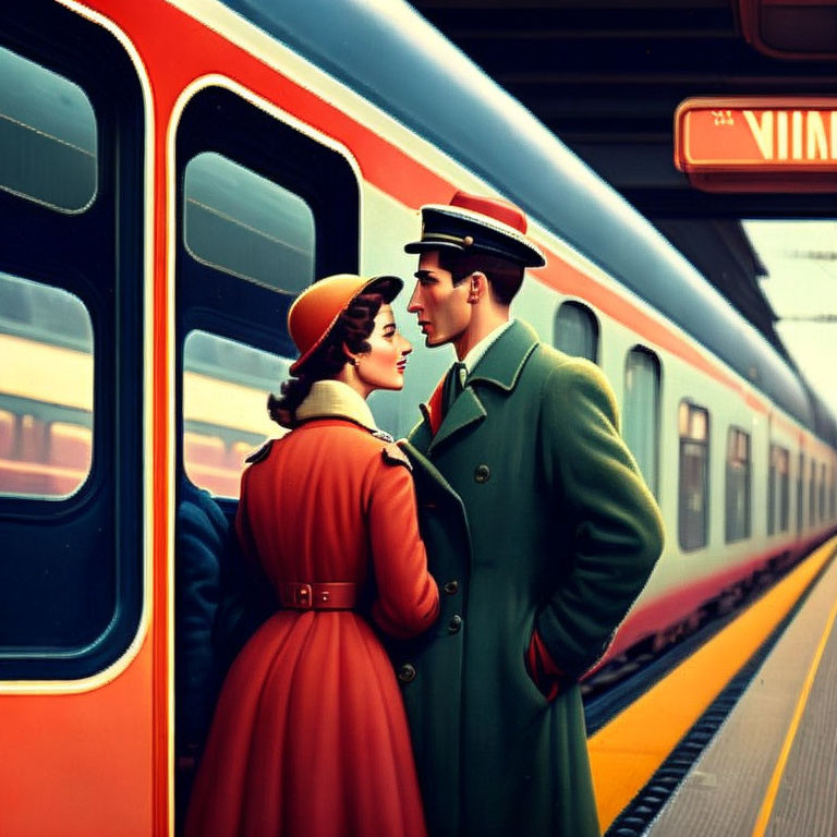 Man and woman in green and red coats have a romantic moment at train platform