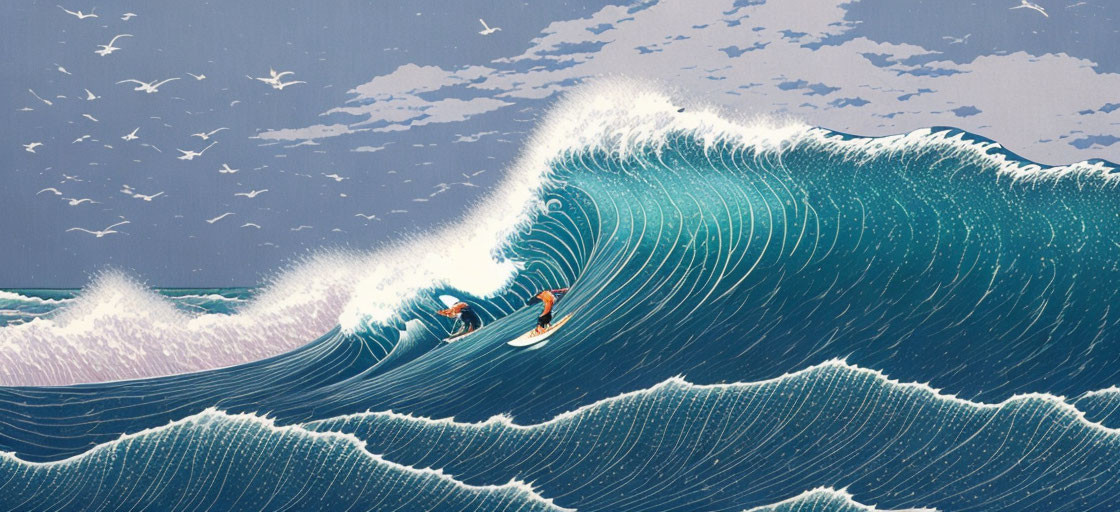 Surfers riding wave with patterned texture in Japanese art style