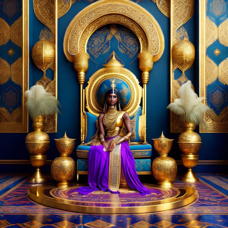 Regal woman on golden throne in luxurious blue-and-gold room