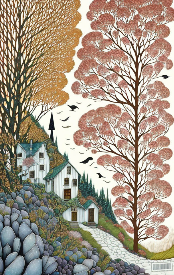 Detailed Illustration of Quaint Village Scene with Trees, Houses, Stone Path, and Birds