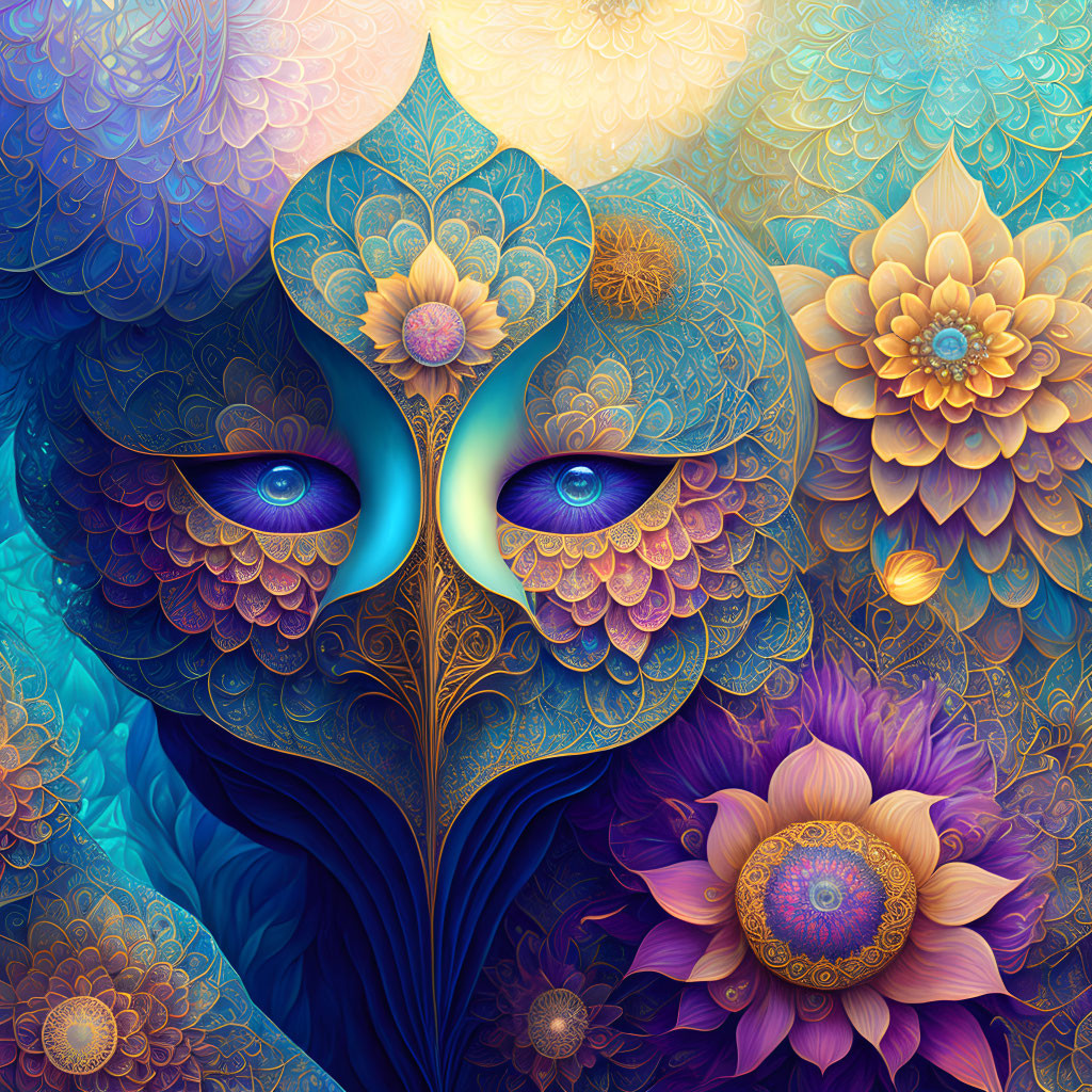 Colorful digital artwork: Intricate mandala pattern with stylized eyes and floral designs