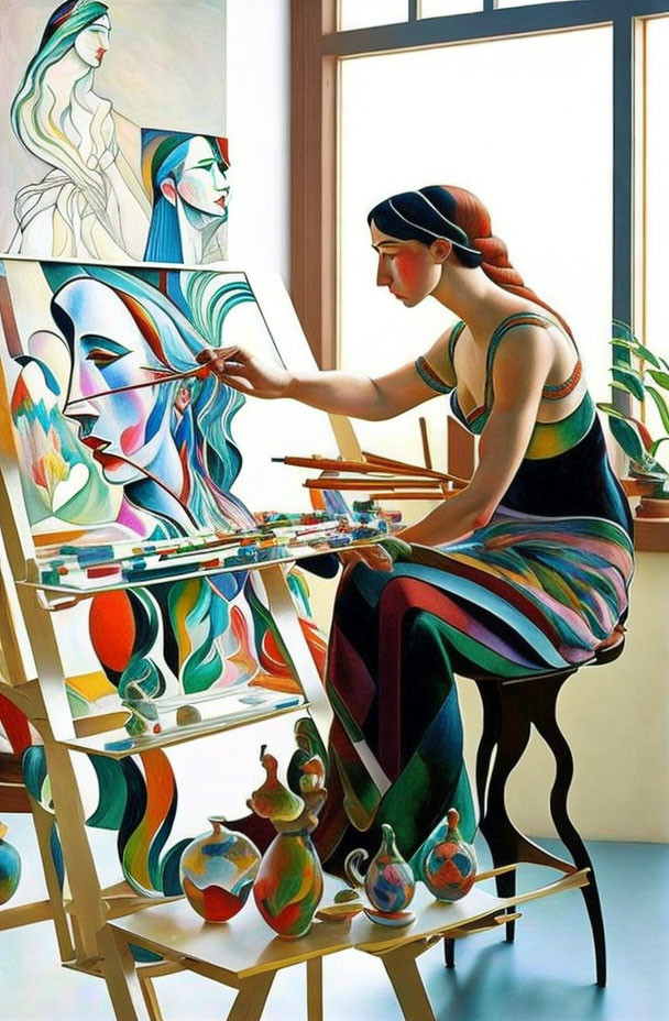 Woman painting colorful portrait with palette in bright room