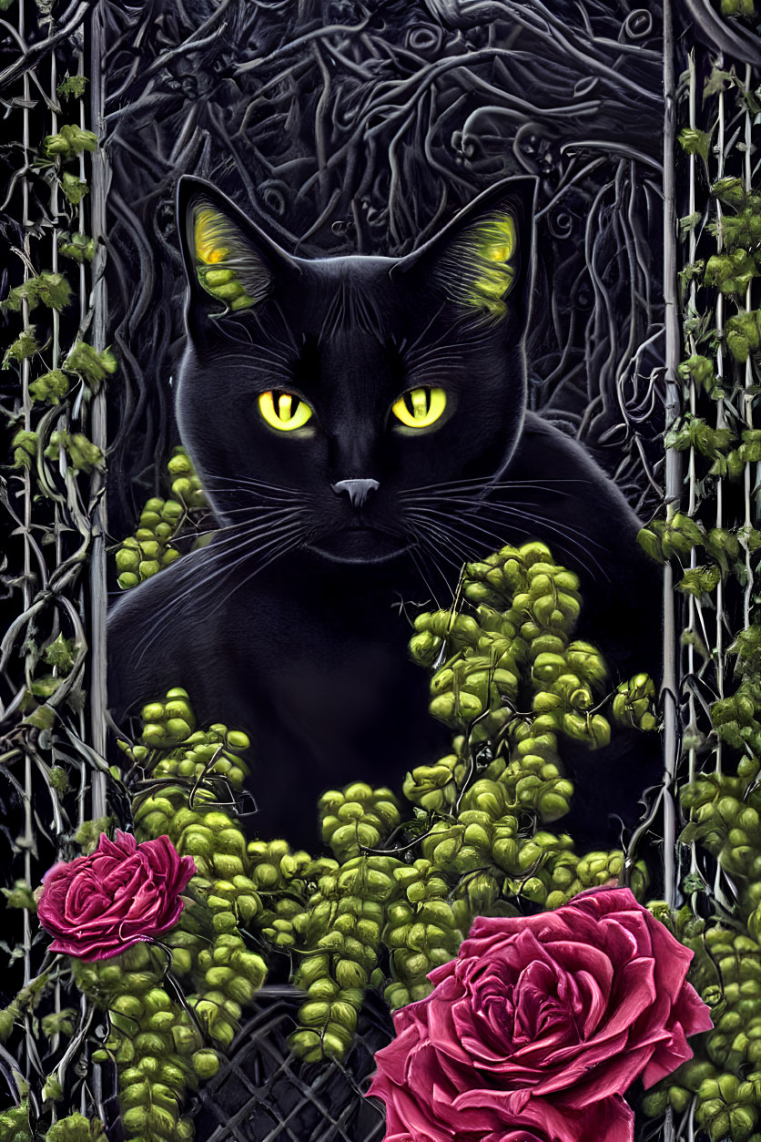 Black cat with yellow eyes in dark forest with red roses