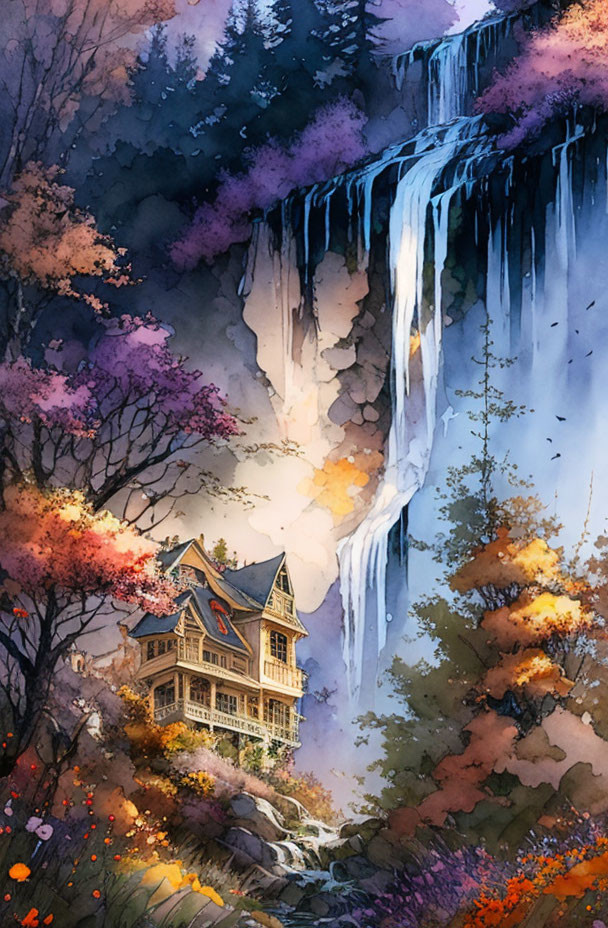 Victorian-style house by icy waterfall in autumn setting