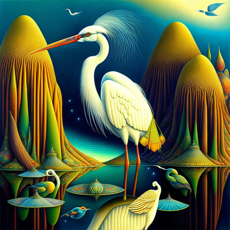 Colorful surreal artwork: elegant storks in fantastical natural setting