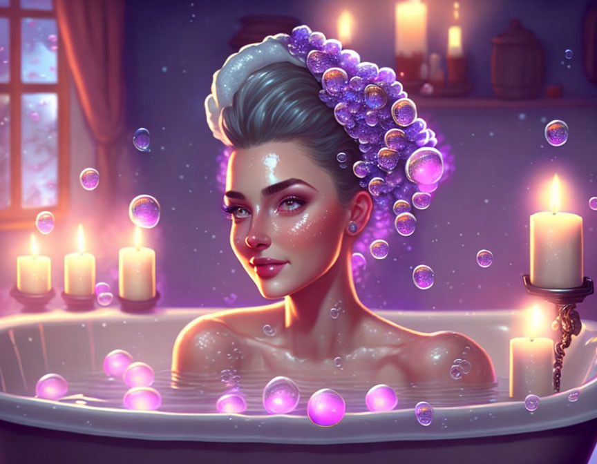 Woman relaxing in bubble bath with glowing candles and serene ambiance