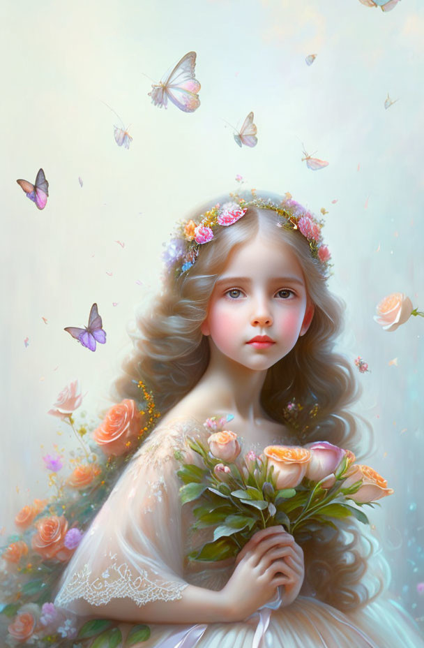 Girl with flowing hair and floral crown, holding roses, surrounded by butterflies in dreamy setting