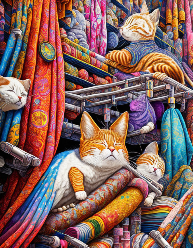 Assortment of Colorful Fabrics with Intricate Patterns and Serene Cats