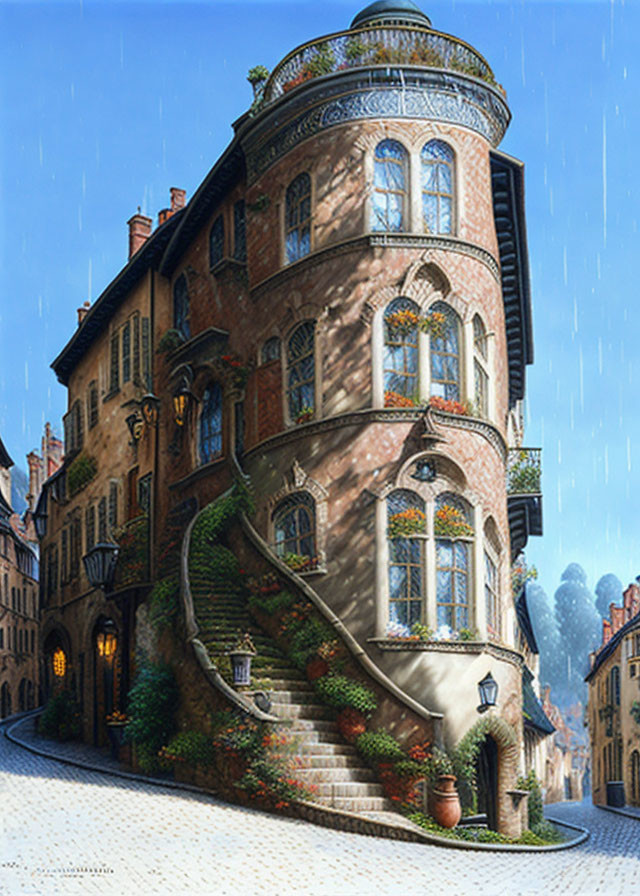 Ornate multi-story building with winding staircase and lush greenery on cobblestone street