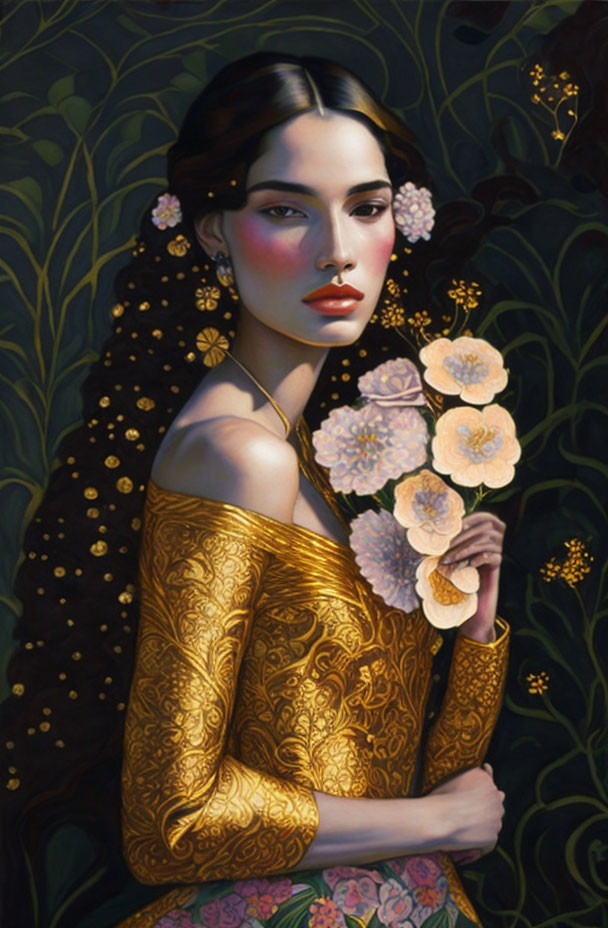 Dark-haired woman holding pale flowers in golden garment against floral background