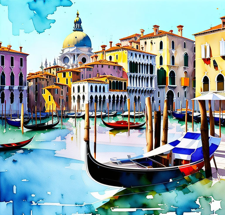 Vibrant Venice Canal Scene with Gondolas and Cathedral