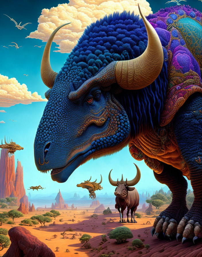 Detailed Digital Art: Giant Blue Bison in Desert Landscape