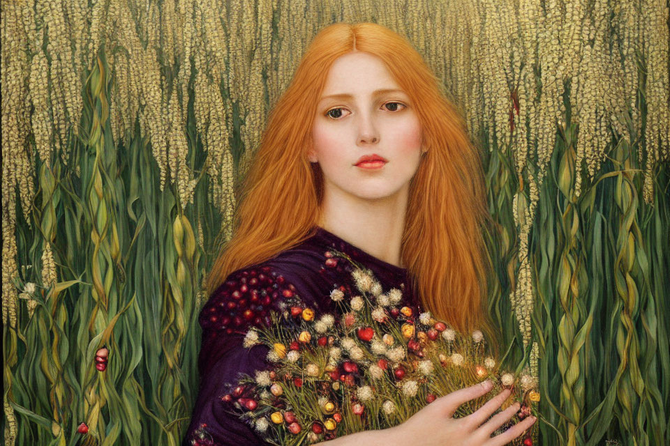 Portrait of woman with long red hair in wheat field holding wildflowers