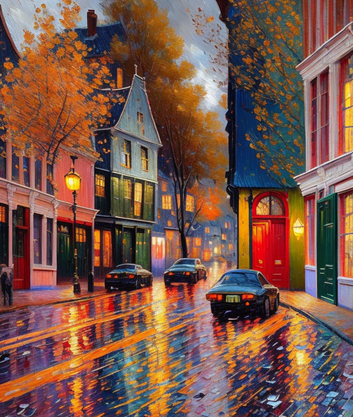 Colorful city street painting with cars, buildings, and autumn leaves under streetlights