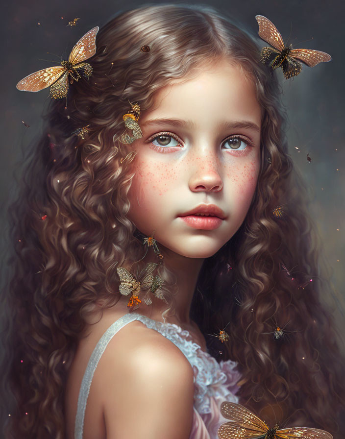 Curly-Haired Girl Surrounded by Butterflies