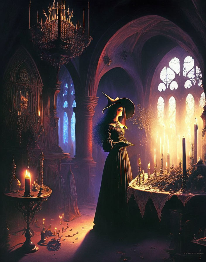 Person in Wide-Brimmed Hat in Candlelit Gothic Room