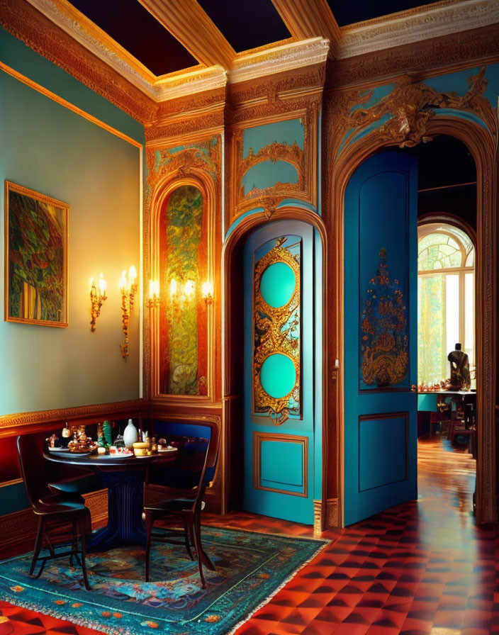 Luxurious Room with Red Tiled Floor, Teal Doors, Golden Trims, Elaborate