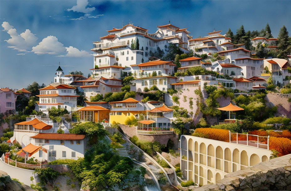 Scenic hillside village with white buildings, red roofs, greenery, and waterfall