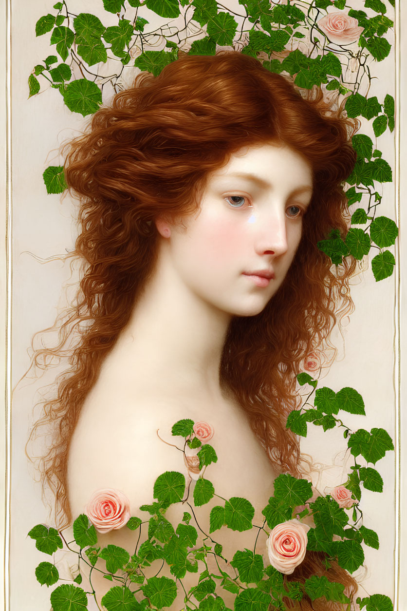 Woman with Auburn Hair Surrounded by Leaves and Roses