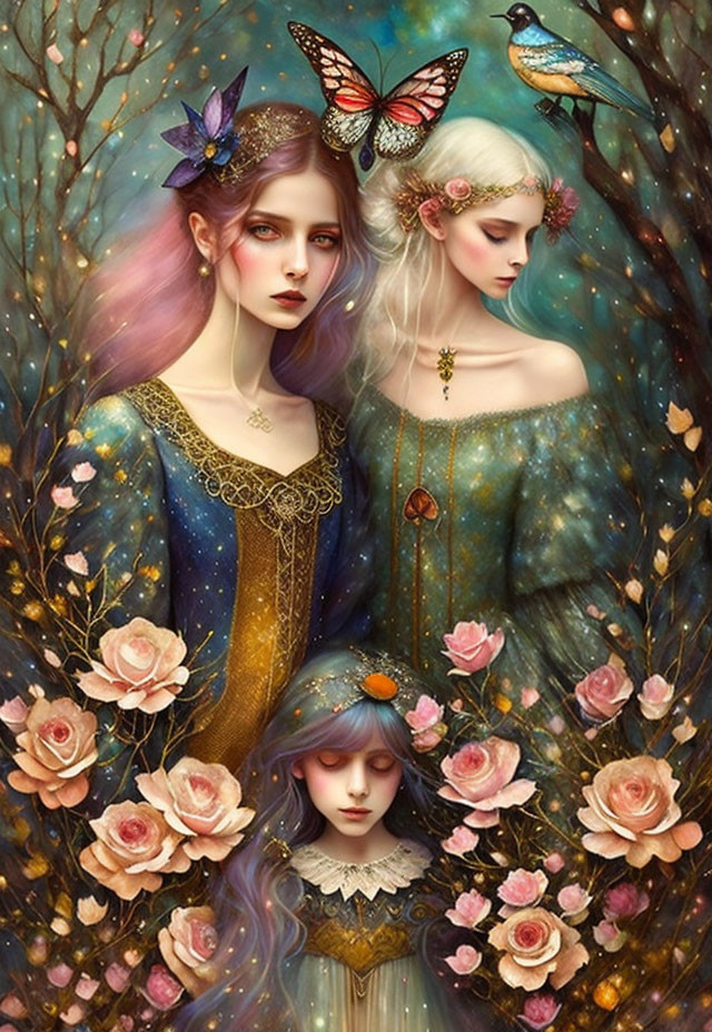 Ethereal women in ornate dresses with butterflies, bird, and roses.