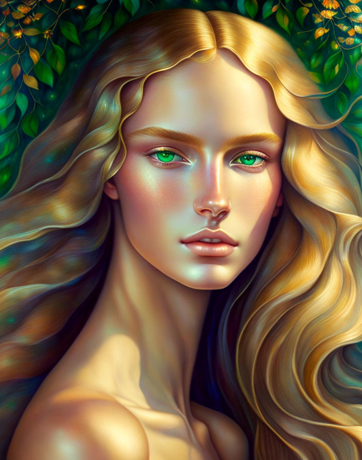 Young woman digital portrait with golden hair and green eyes in lush greenery