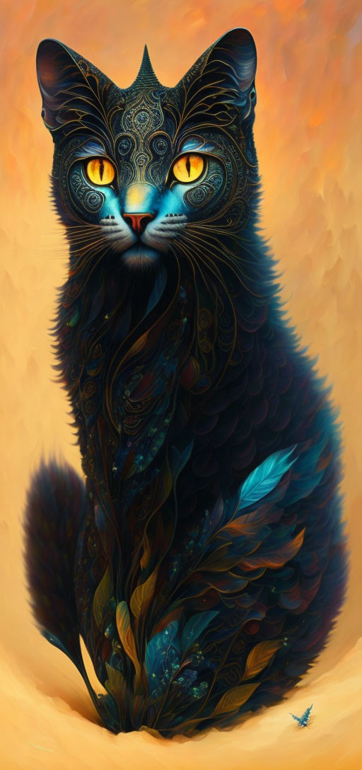 Digital Art: Black Cat with Blue Patterns and Yellow Eyes on Warm Background