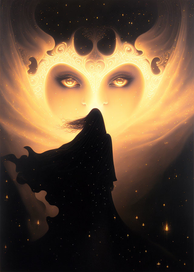 Mystical artwork of veiled figure with glowing eyes and headdress