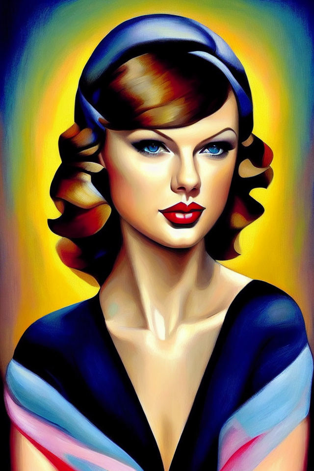 Vibrant illustration of woman with blue headband and red lips